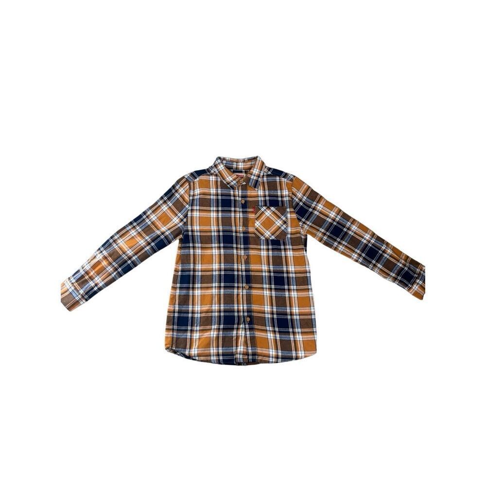 Levi’s Plaid Flannel Button Front Shirt Brown Navy Long Sleeve Size Youth L / Wo
